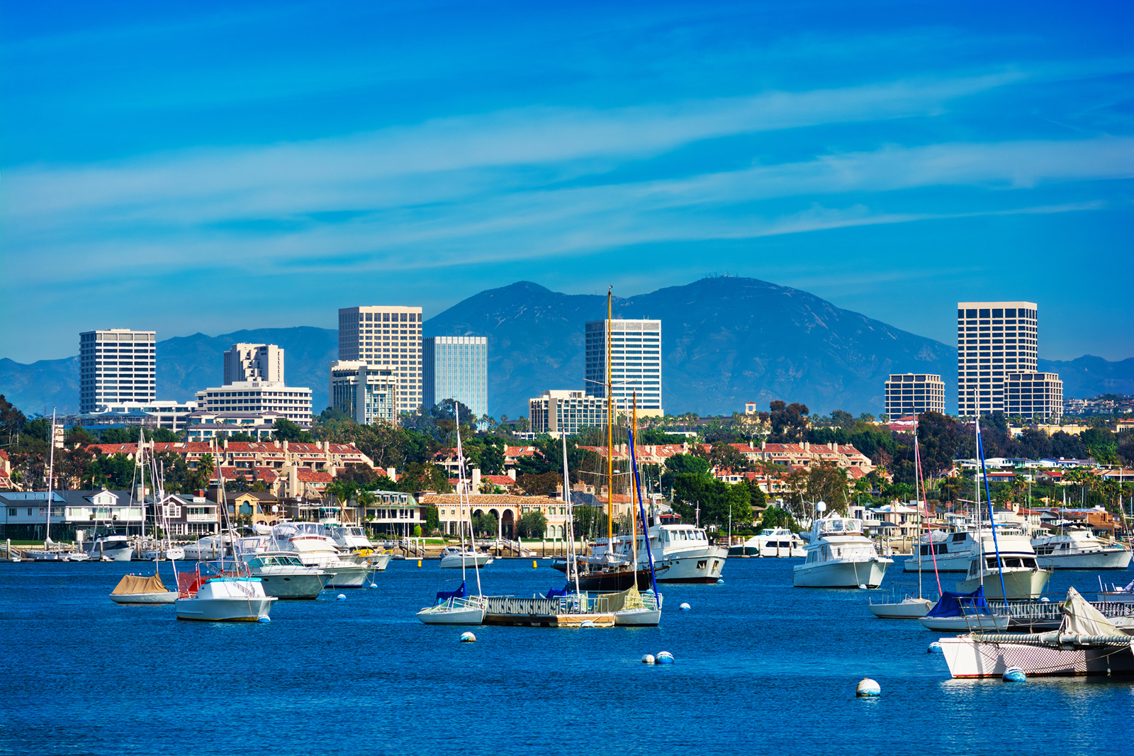 Newport Beach Skyline With Boats, Newport Bay, and Mountains